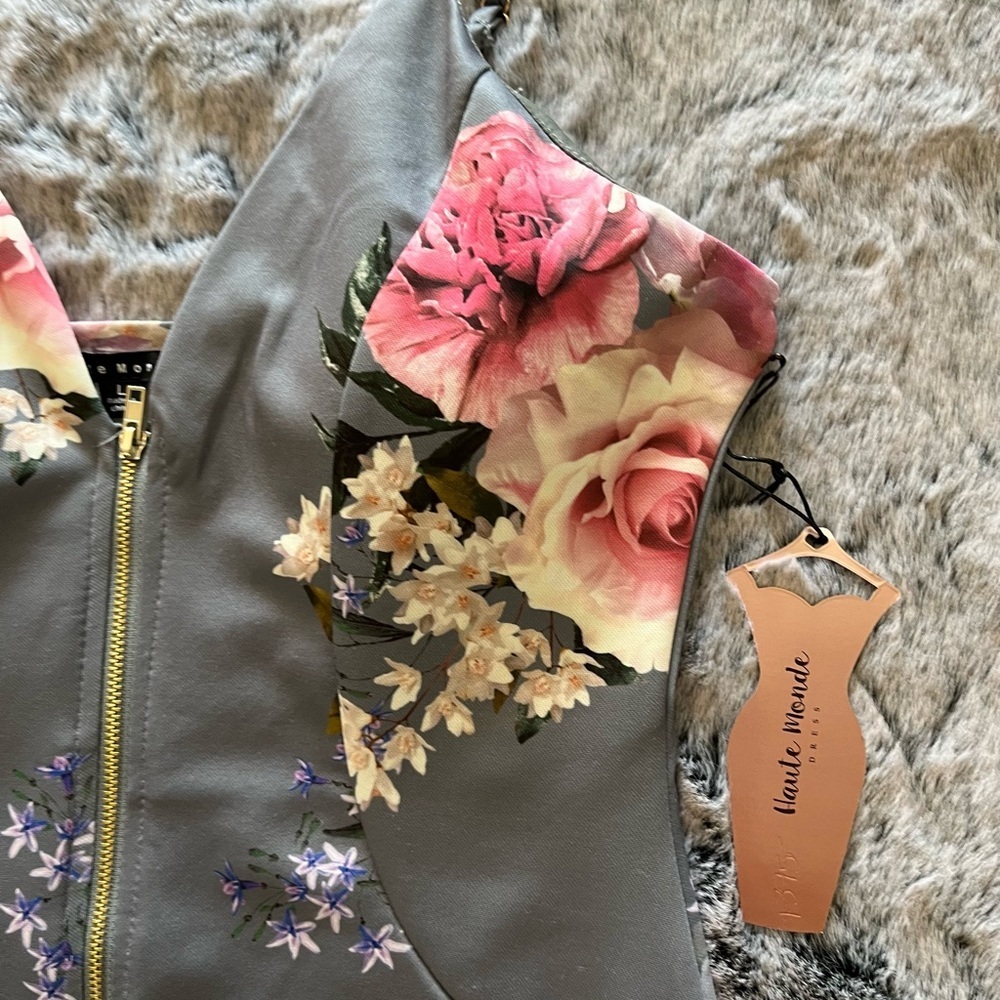 NWT Haute Monde Gray & Pink Floral full zip up mini dress, Bodycon Large 8-10 - Picture 13 of 15